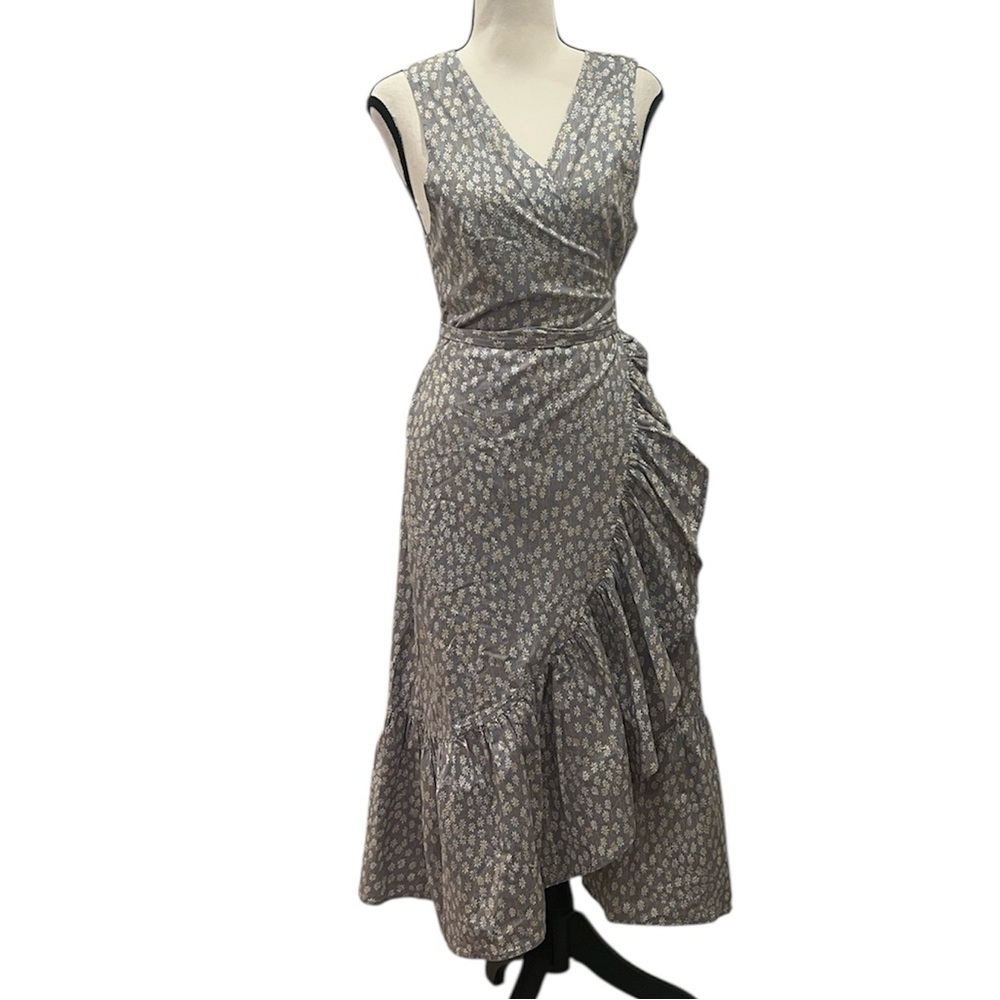 Madewell Floral Ruffle Trim Wrap Dress Cotton Large lavender gray white NWT - Picture 2 of 10
